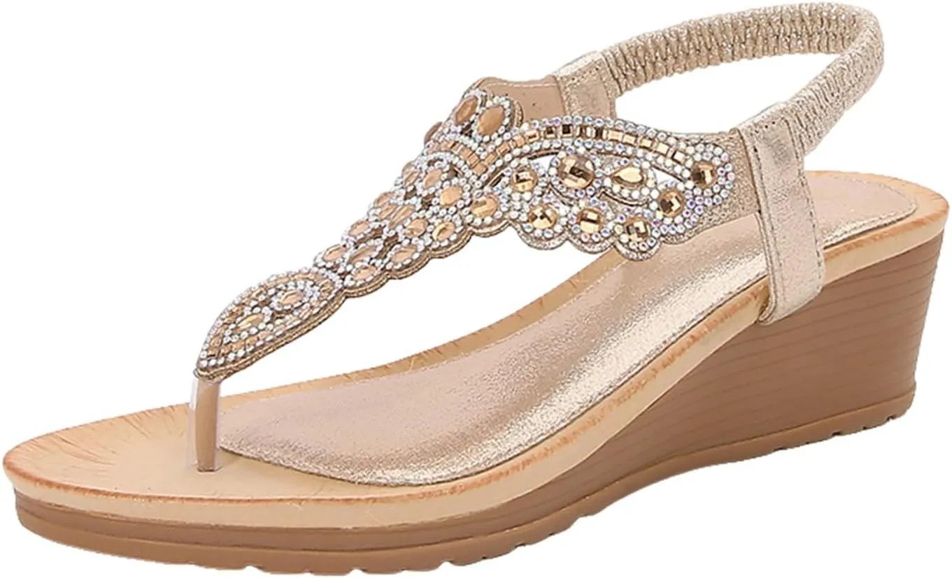 Wedge Sandals for Women Summer Bohemian Beach Rhinestone Platform Shoes, Comfortable Clip Toe Ankle Strap Orthopedic Wedges Slip on Comfort Wear with Arch Support