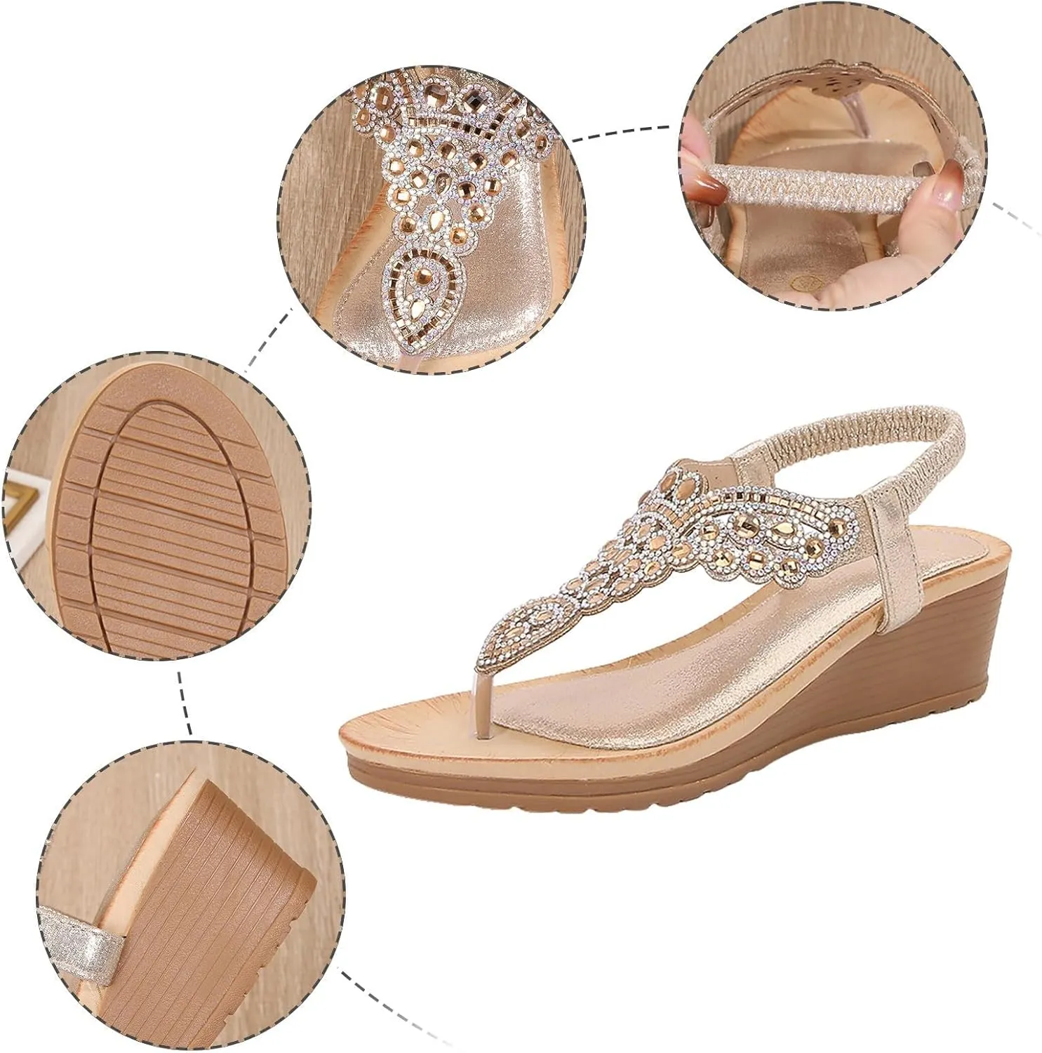 Wedge Sandals for Women Summer Bohemian Beach Rhinestone Platform Shoes, Comfortable Clip Toe Ankle Strap Orthopedic Wedges Slip on Comfort Wear with Arch Support