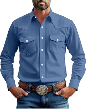 Western Cowboy Shirts for Men Pearl Snap Button Down Cotton Work Tshirt Men's Casual Shirt Jackets with Pockets