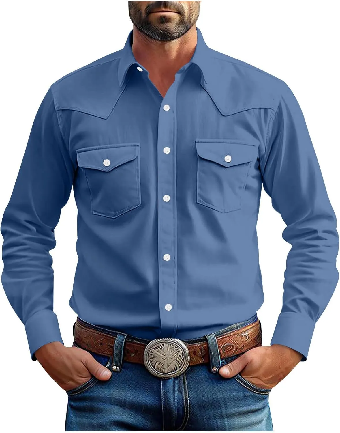 Western Cowboy Shirts for Men Pearl Snap Button Down Cotton Work Tshirt Men's Casual Shirt Jackets with Pockets