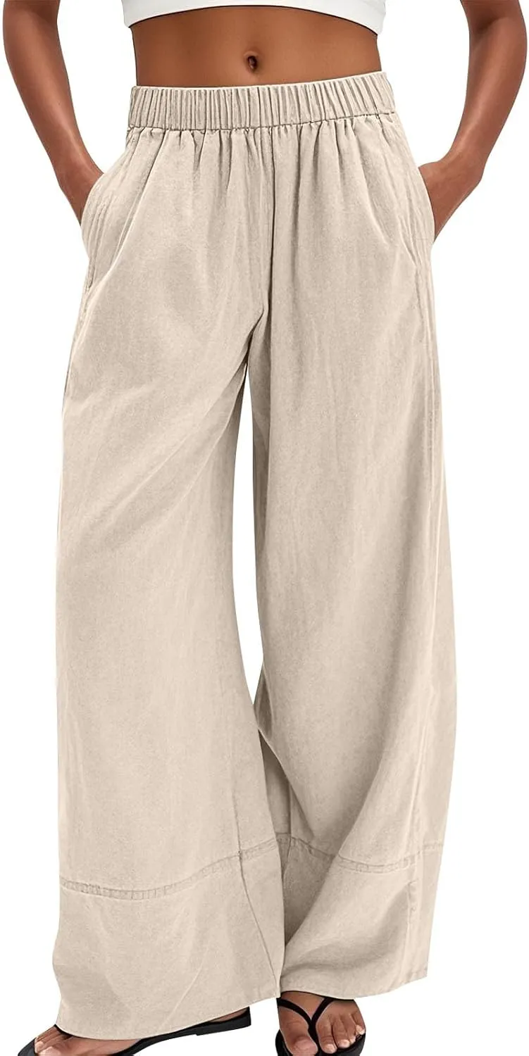 Wide Leg Linen Pants for Women Casual Flowy Elastic Waist Palazzo Pants with Pockets Boho Lightweight Lounge