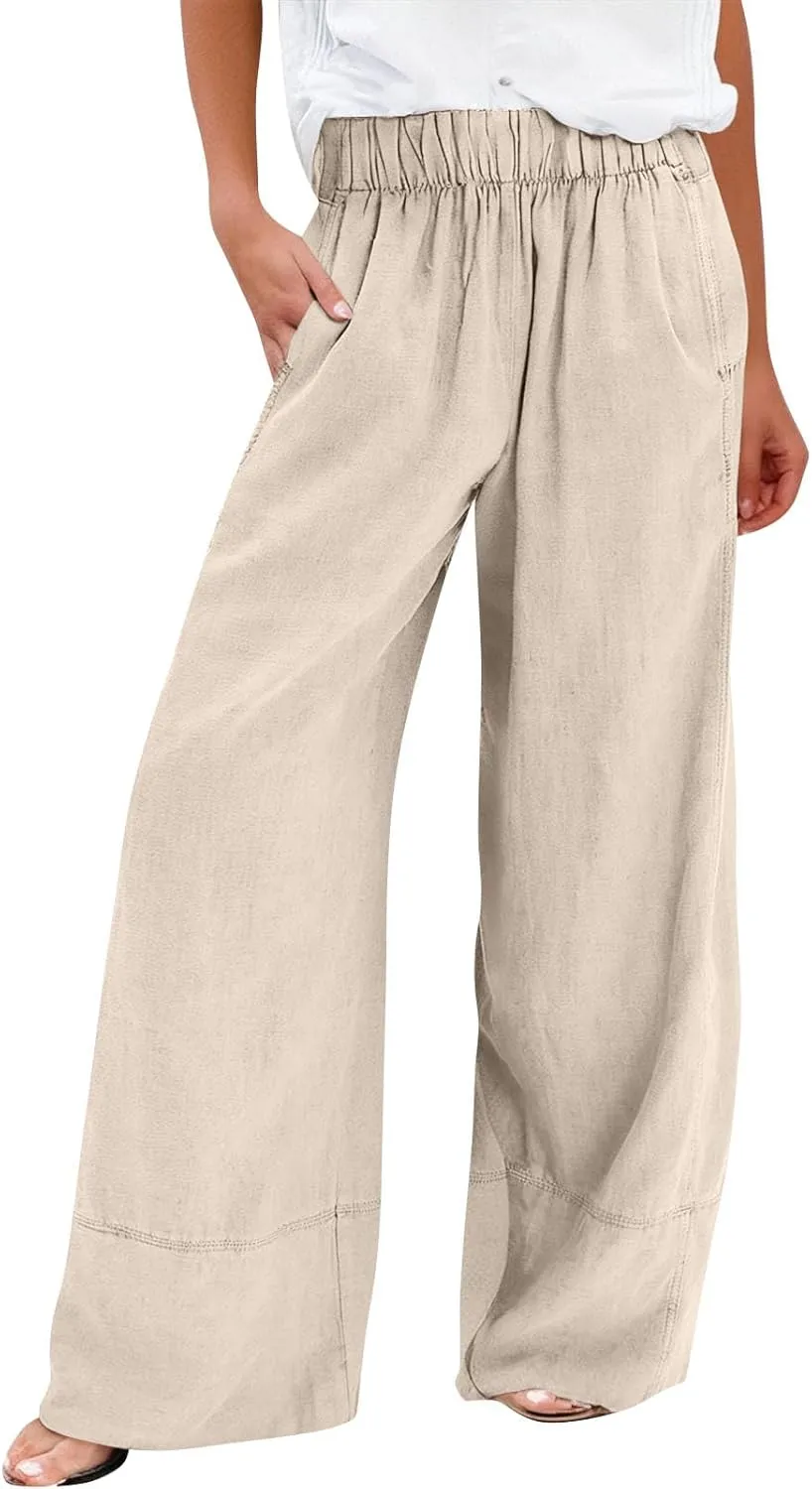 Wide Leg Linen Pants for Women Casual Flowy Elastic Waist Palazzo Pants with Pockets Boho Lightweight Lounge