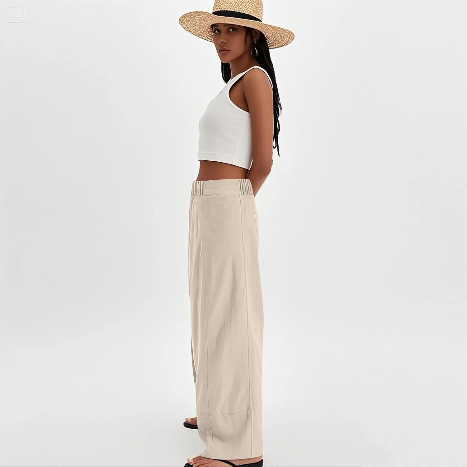 Wide Leg Linen Pants for Women Casual Flowy Elastic Waist Palazzo Pants with Pockets Boho Lightweight Lounge