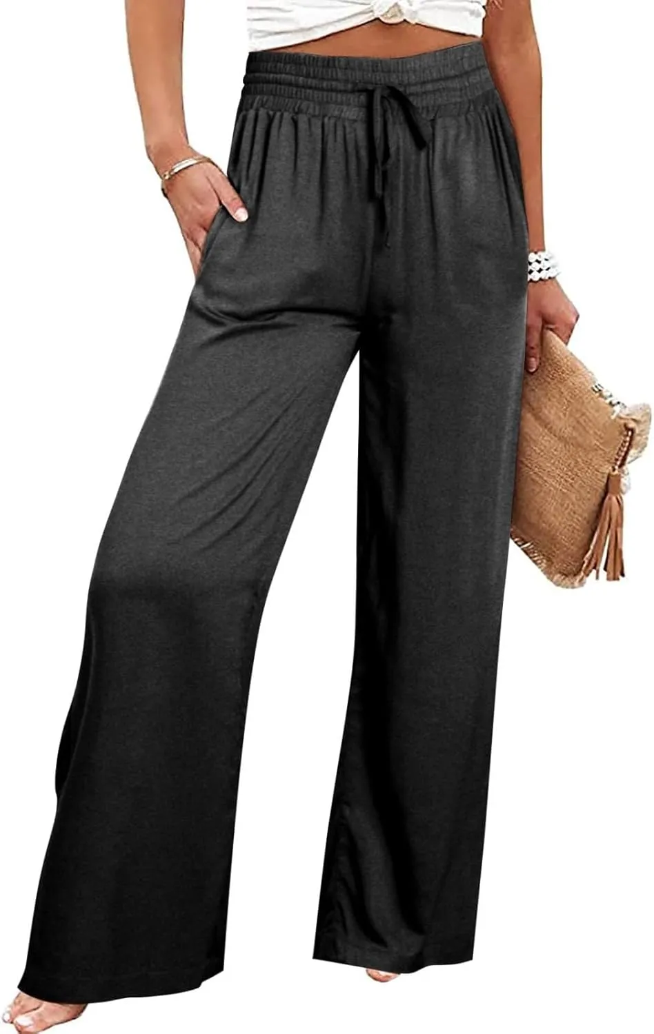 Wide Leg Lounge Pants for Women, Casual Boho Pants, High Waisted Palazzo Pants with Pockets for Work and Play