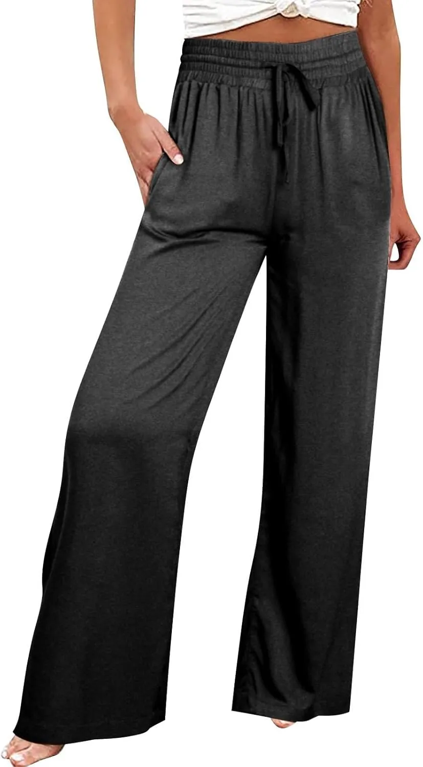 Wide Leg Lounge Pants for Women, Casual Boho Pants, High Waisted Palazzo Pants with Pockets for Work and Play