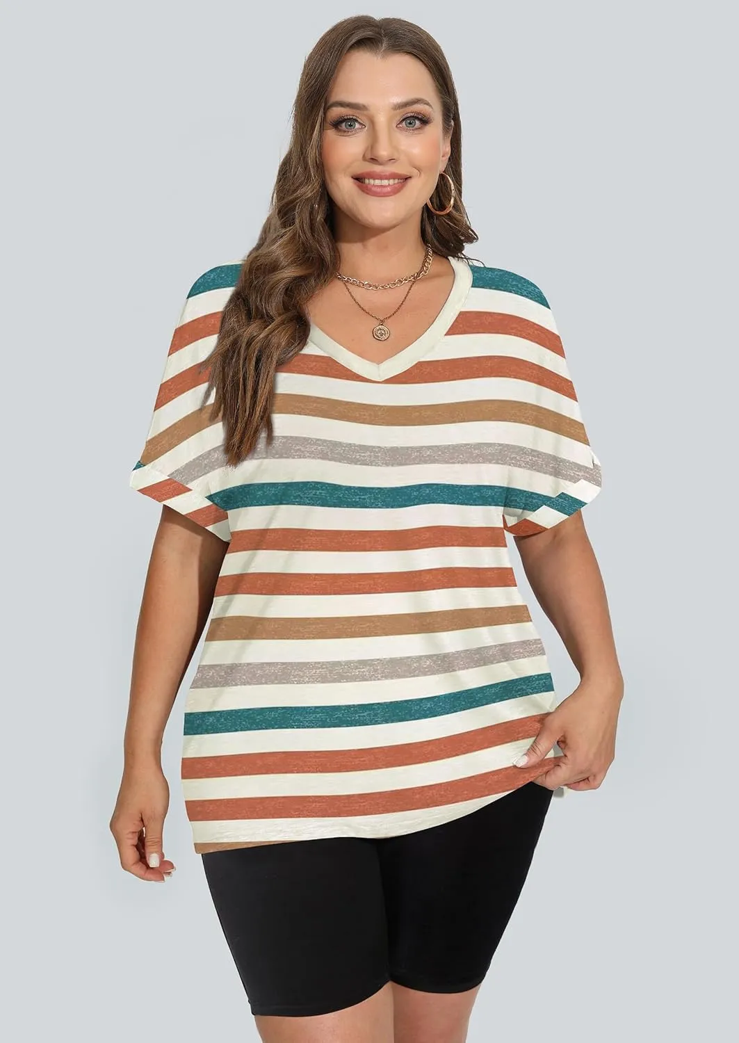 WIHOLL Womens Oversized Tshirts Summer Tops 2025 Short Sleeve V Neck Shirts Outfits Plus Size Clothes