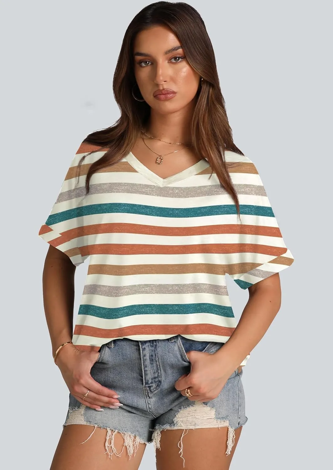 WIHOLL Womens Oversized Tshirts Summer Tops 2025 Short Sleeve V Neck Shirts Outfits Plus Size Clothes