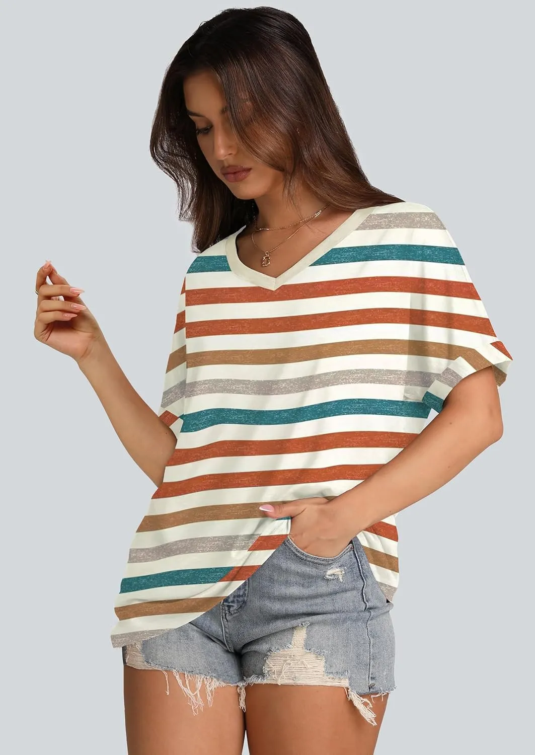 WIHOLL Womens Oversized Tshirts Summer Tops 2025 Short Sleeve V Neck Shirts Outfits Plus Size Clothes