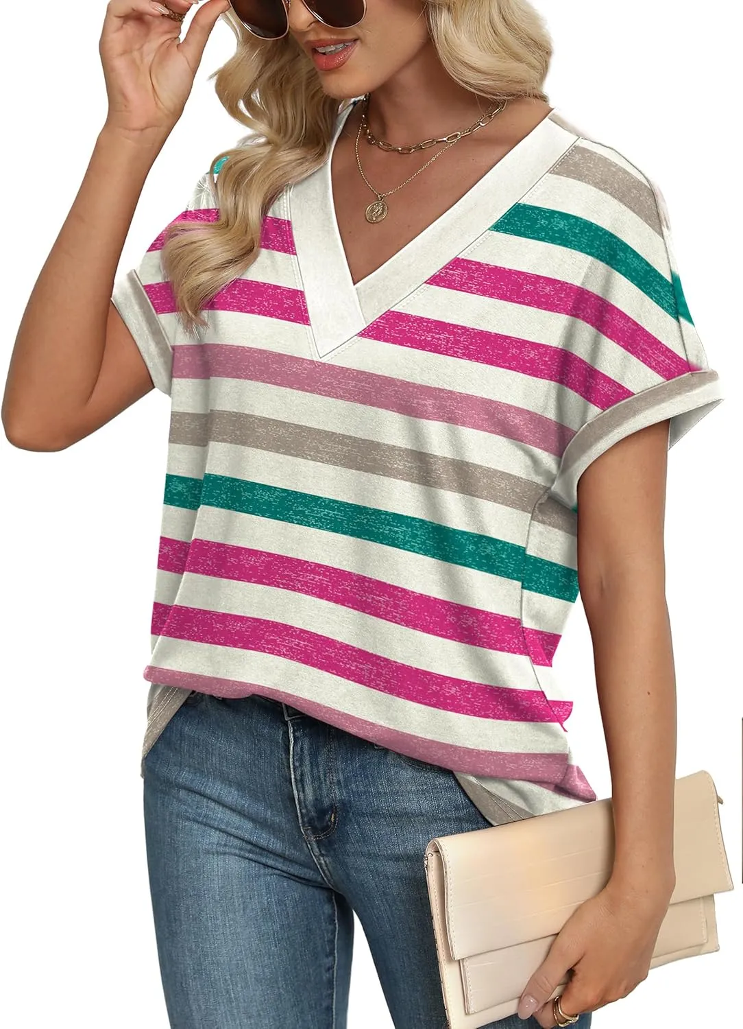 WIHOLL Womens Summer Tops Short Dolman Sleeve Shirts 2025 Fashion V Neck Outfits Clothes