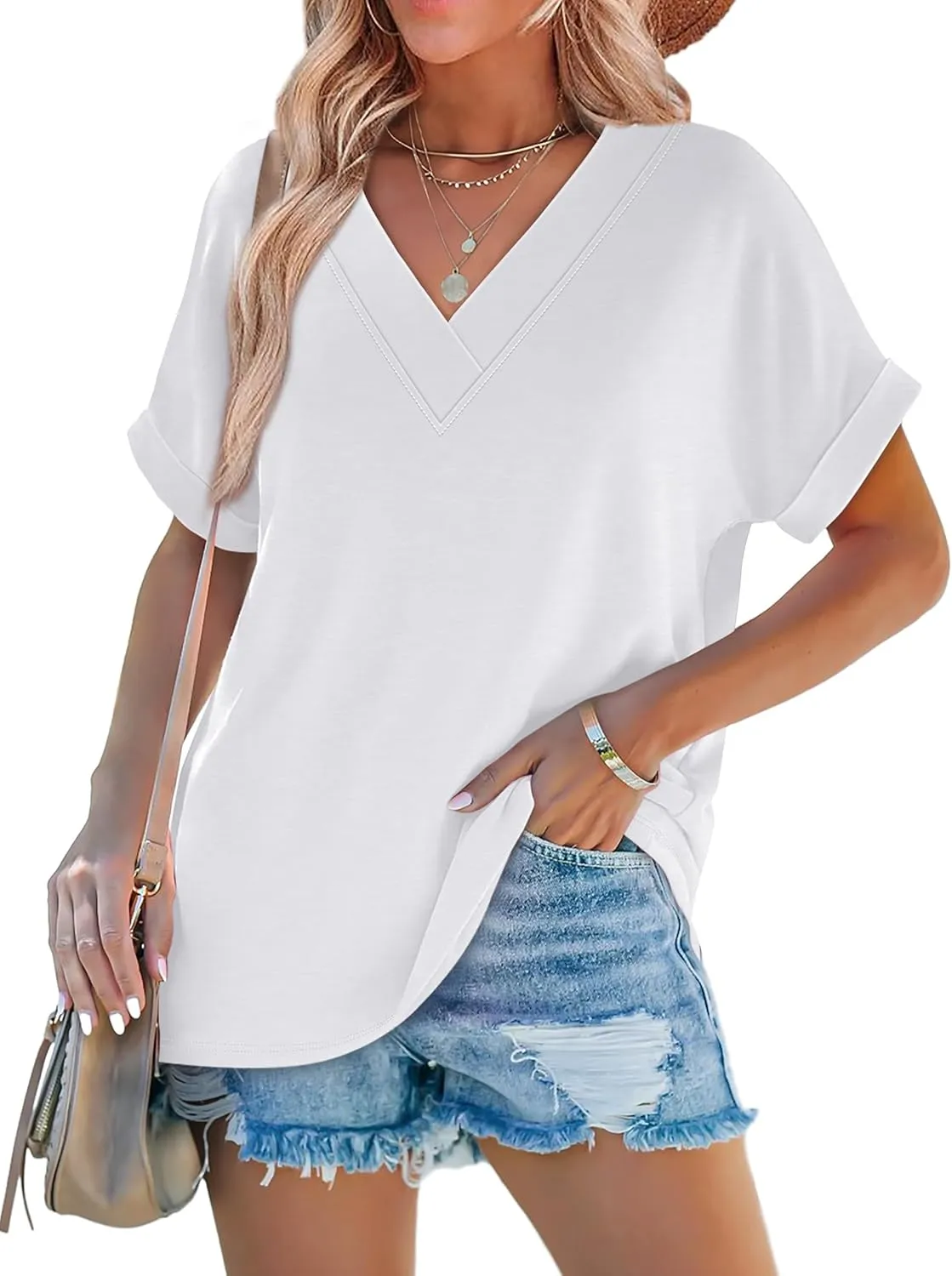 WIHOLL Womens Summer Tops Short Dolman Sleeve Shirts 2025 Fashion V Neck Outfits Clothes
