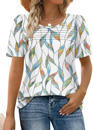 WIHOLL Womens Summer Tops Short Puff Sleeve Shirts 2025 Pleated Neck Outfits Clothing Blouses