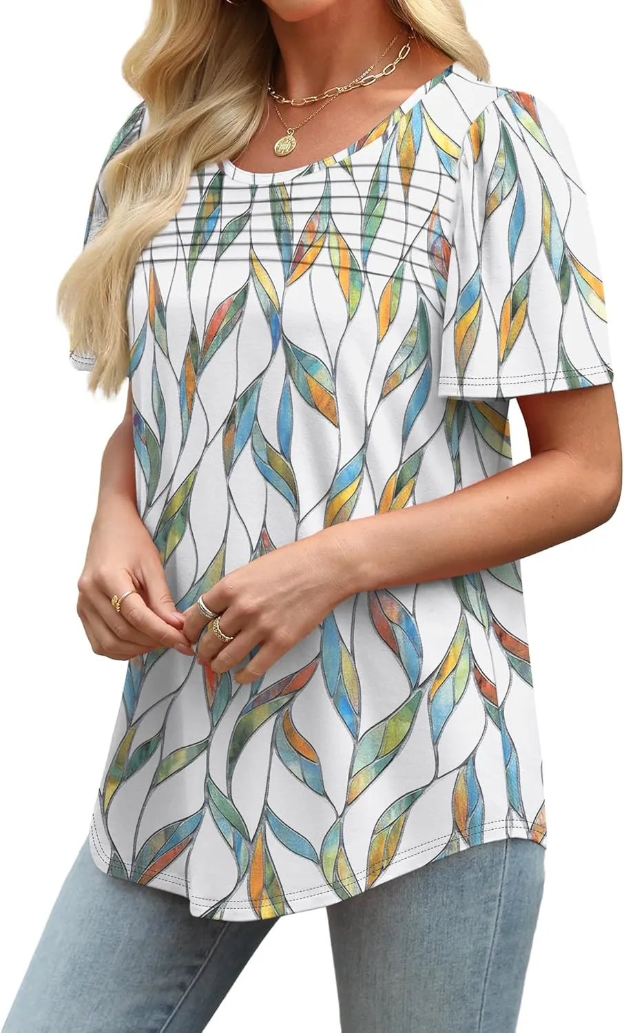WIHOLL Womens Summer Tops Short Puff Sleeve Shirts 2025 Pleated Neck Outfits Clothing Blouses
