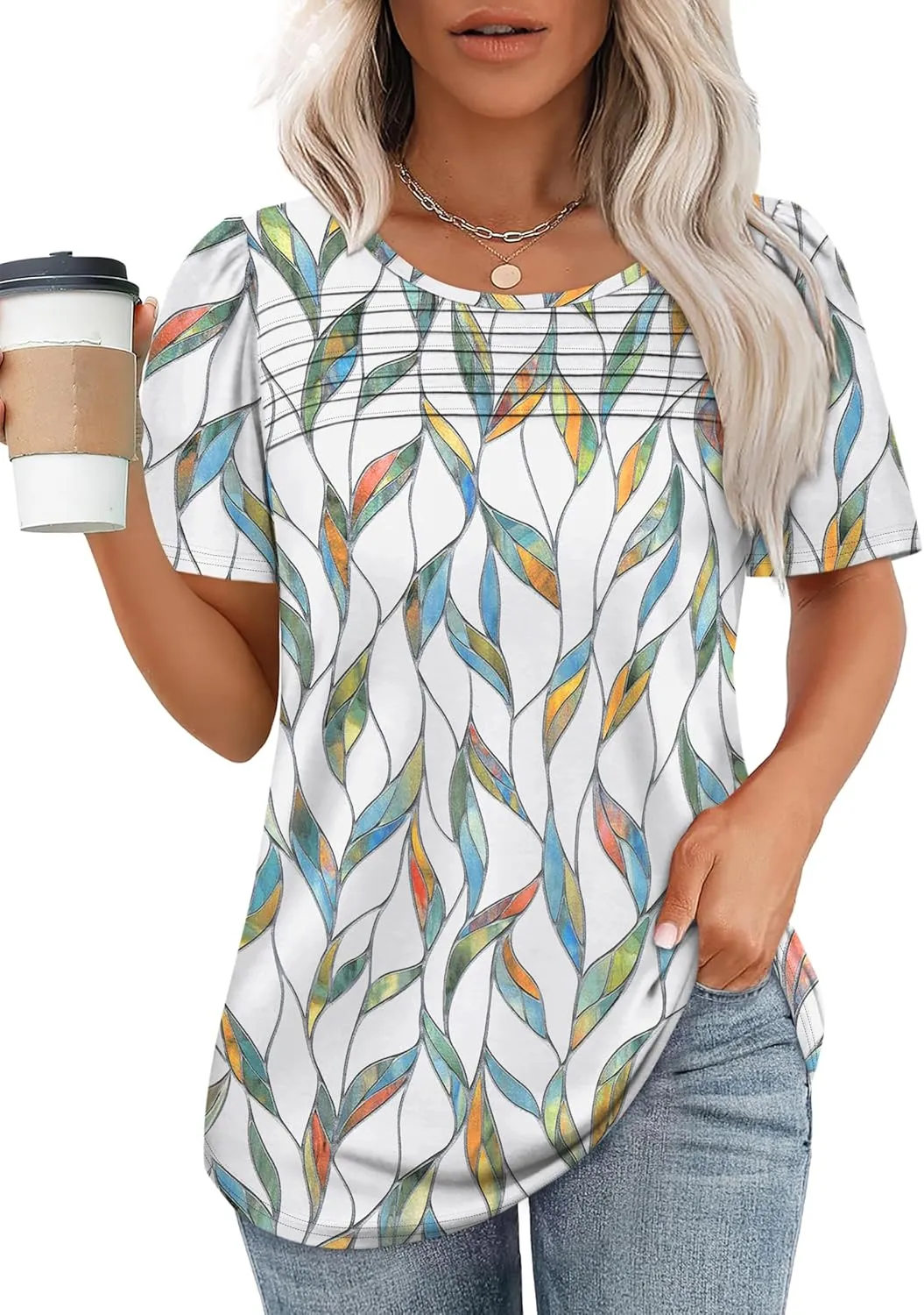 WIHOLL Womens Summer Tops Short Puff Sleeve Shirts 2025 Pleated Neck Outfits Clothing Blouses