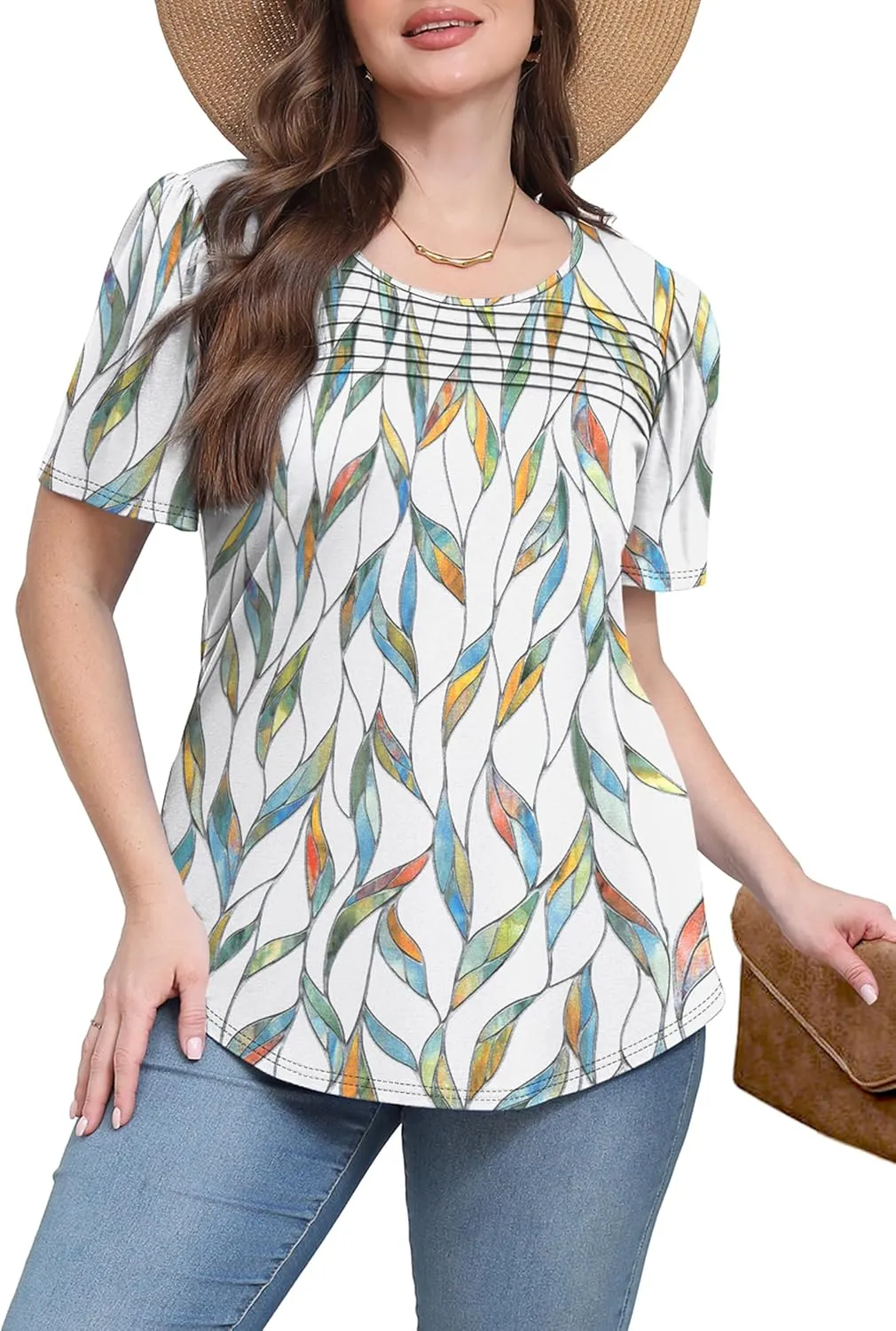 WIHOLL Womens Summer Tops Short Puff Sleeve Shirts 2025 Pleated Neck Outfits Clothing Blouses