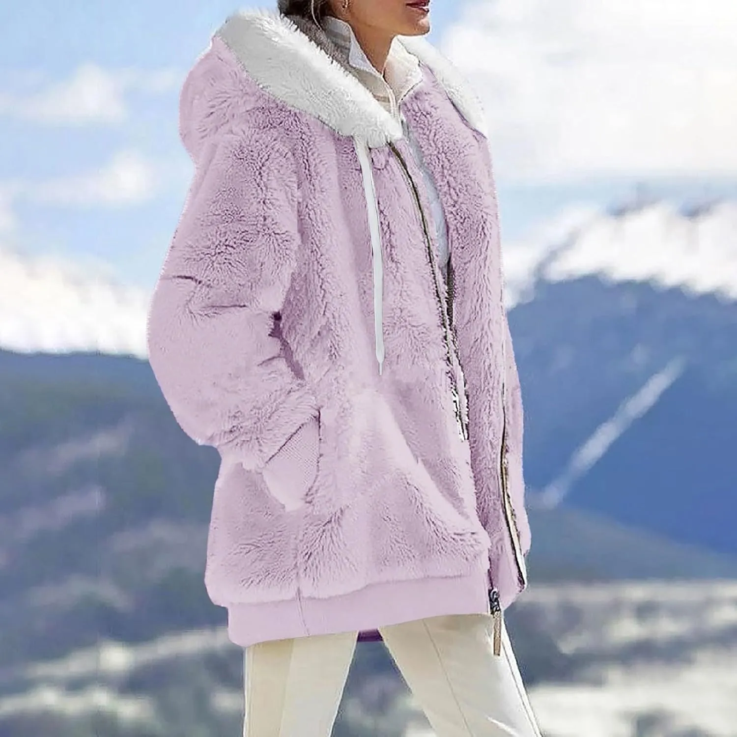 Winter Jackets for Women Full Zip Up Fuzzy Fleece Jacket Hooded Color Block Patchwork Cardigan Coats with Pockets