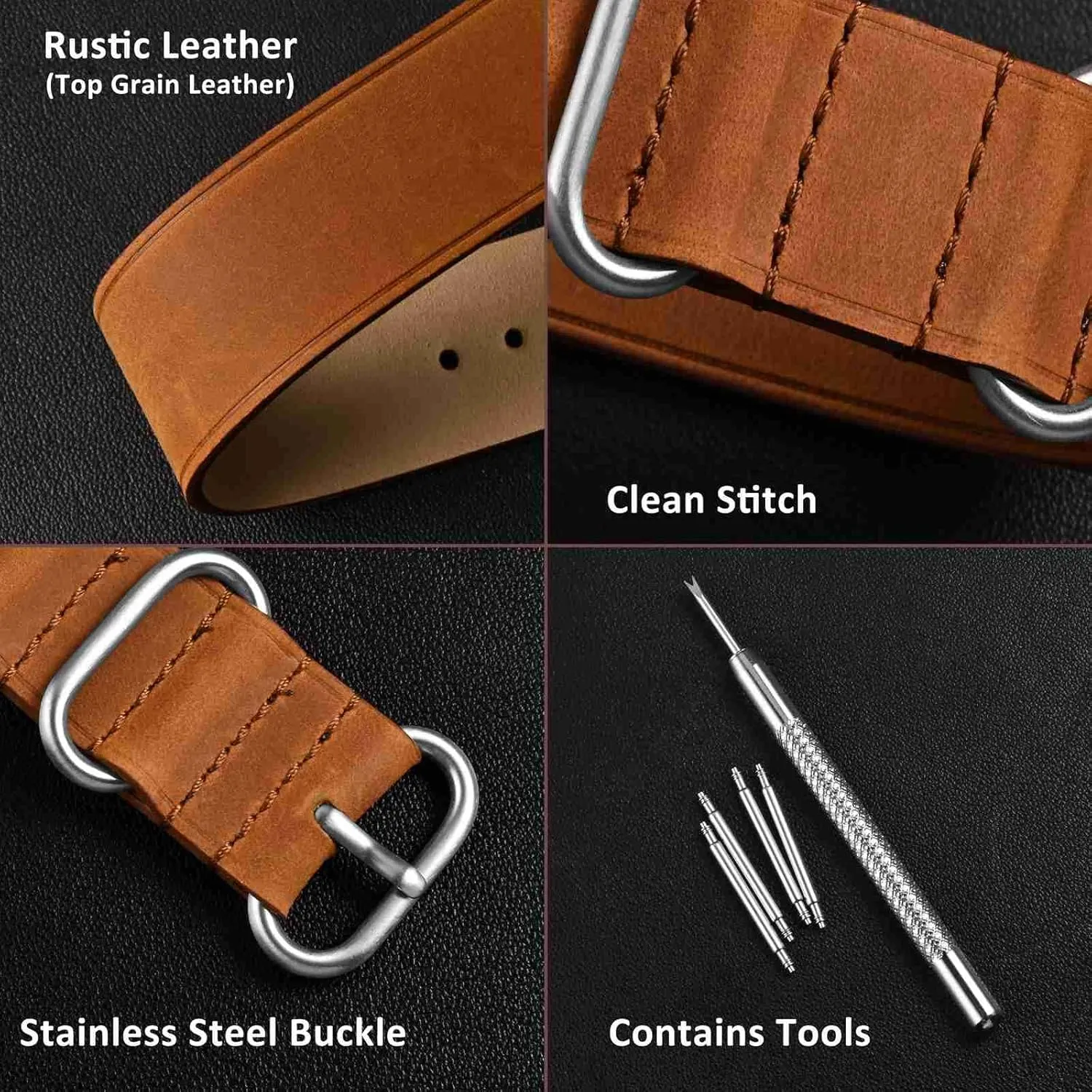 WOCCI 18mm One-piece Watch Band for Men, Top Grain Leather, Brushed Hardware (Bronze Brown)