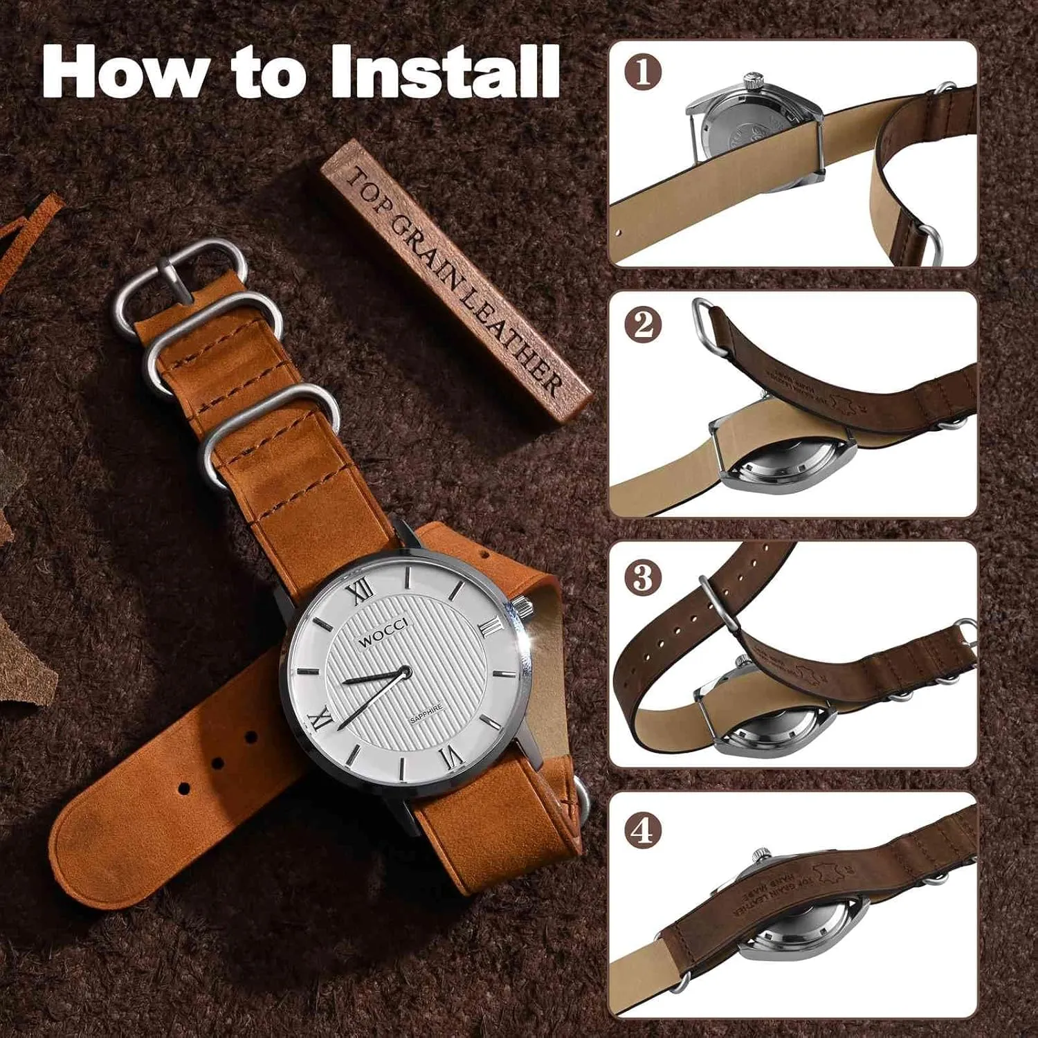 WOCCI 18mm One-piece Watch Band for Men, Top Grain Leather, Brushed Hardware (Bronze Brown)