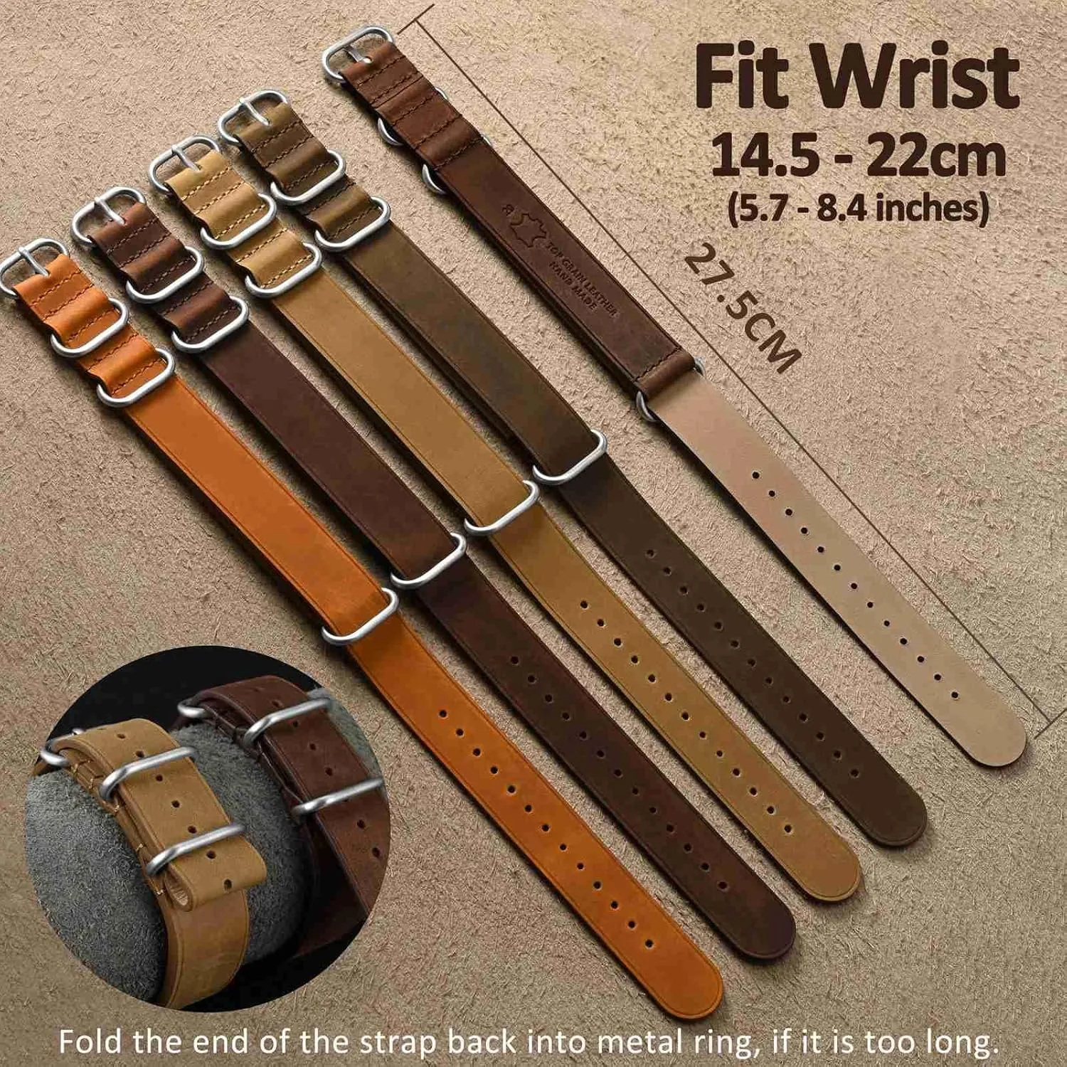 WOCCI 18mm One-piece Watch Band for Men, Top Grain Leather, Brushed Hardware (Bronze Brown)