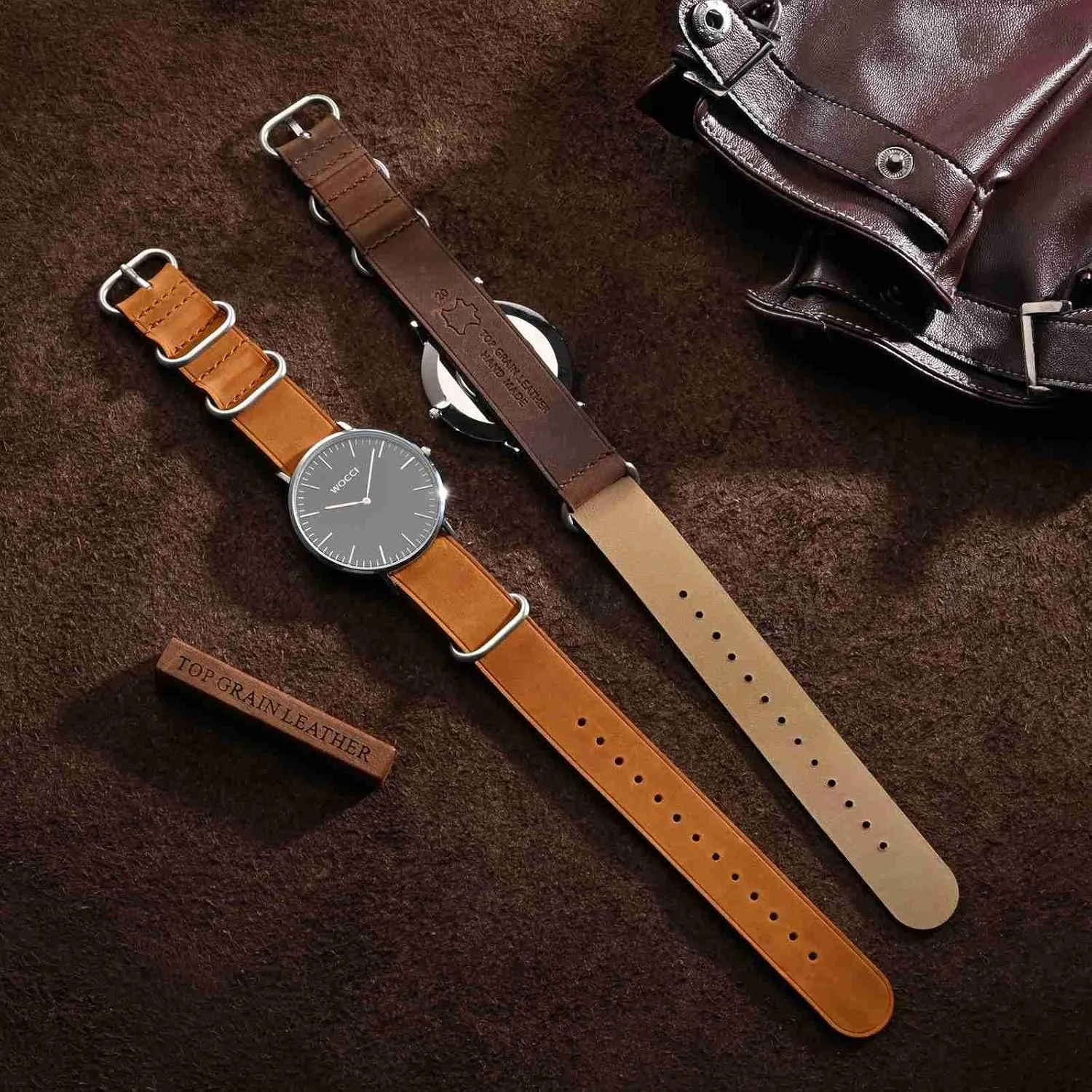 WOCCI 18mm One-piece Watch Band for Men, Top Grain Leather, Brushed Hardware (Bronze Brown)