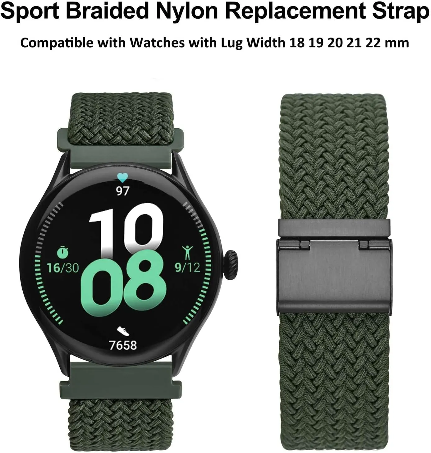 WOCCI 20mm Braided Nylon Watch Bands for Men and Women, 2 Packs Replacement Straps (Black Khaki Green)