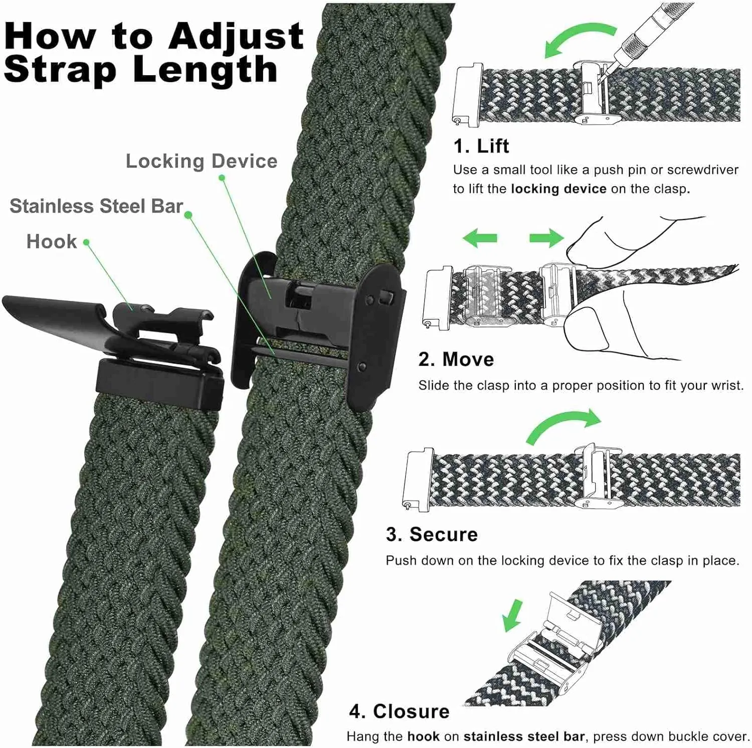WOCCI 20mm Braided Nylon Watch Bands for Men and Women, 2 Packs Replacement Straps (Black Khaki Green)