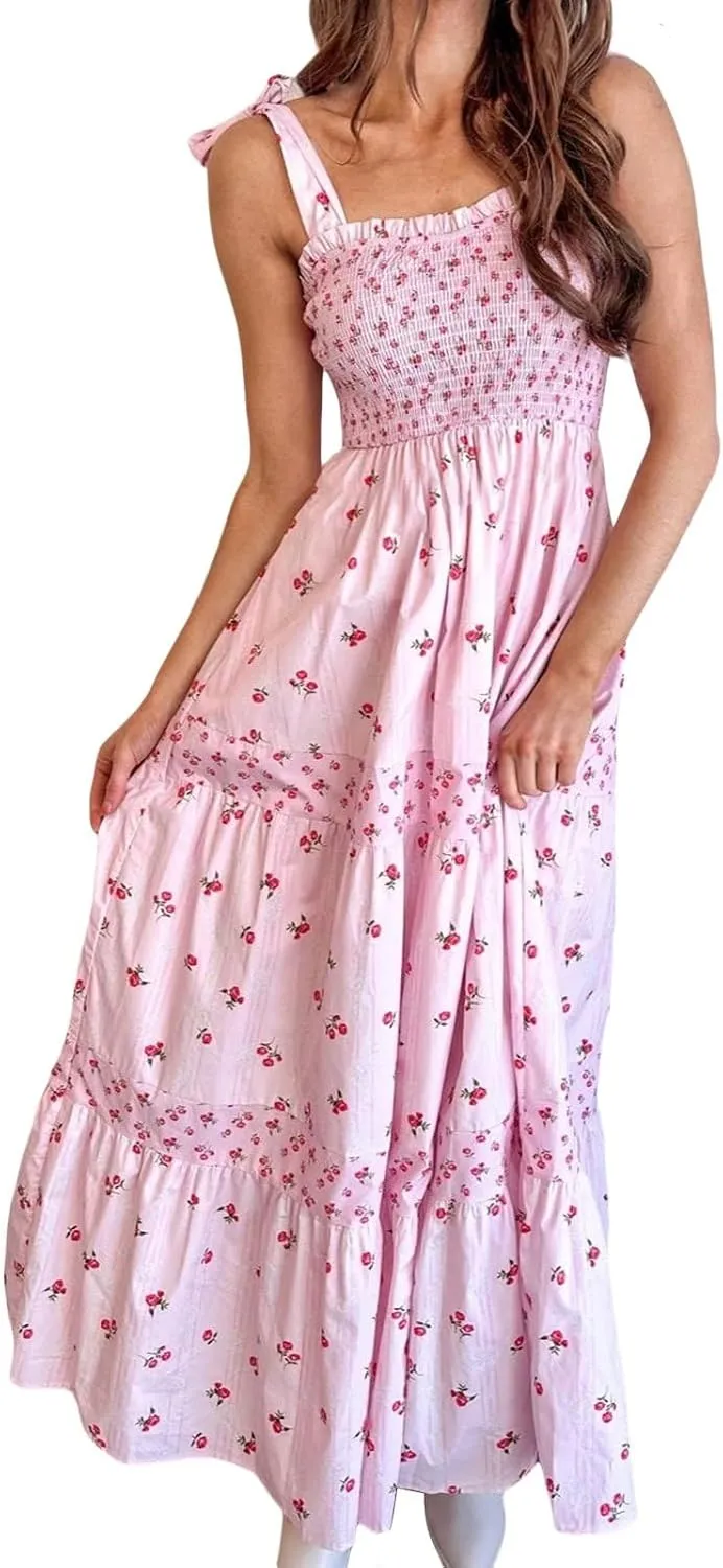 Women Boho Cami Maxi Dress Spaghetti Strap Smocked Long Dress Swing Tiered A-line Dresses Summer Beach Sundress