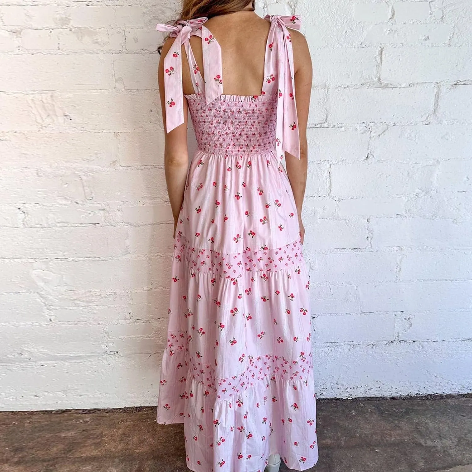 Women Boho Cami Maxi Dress Spaghetti Strap Smocked Long Dress Swing Tiered A-line Dresses Summer Beach Sundress