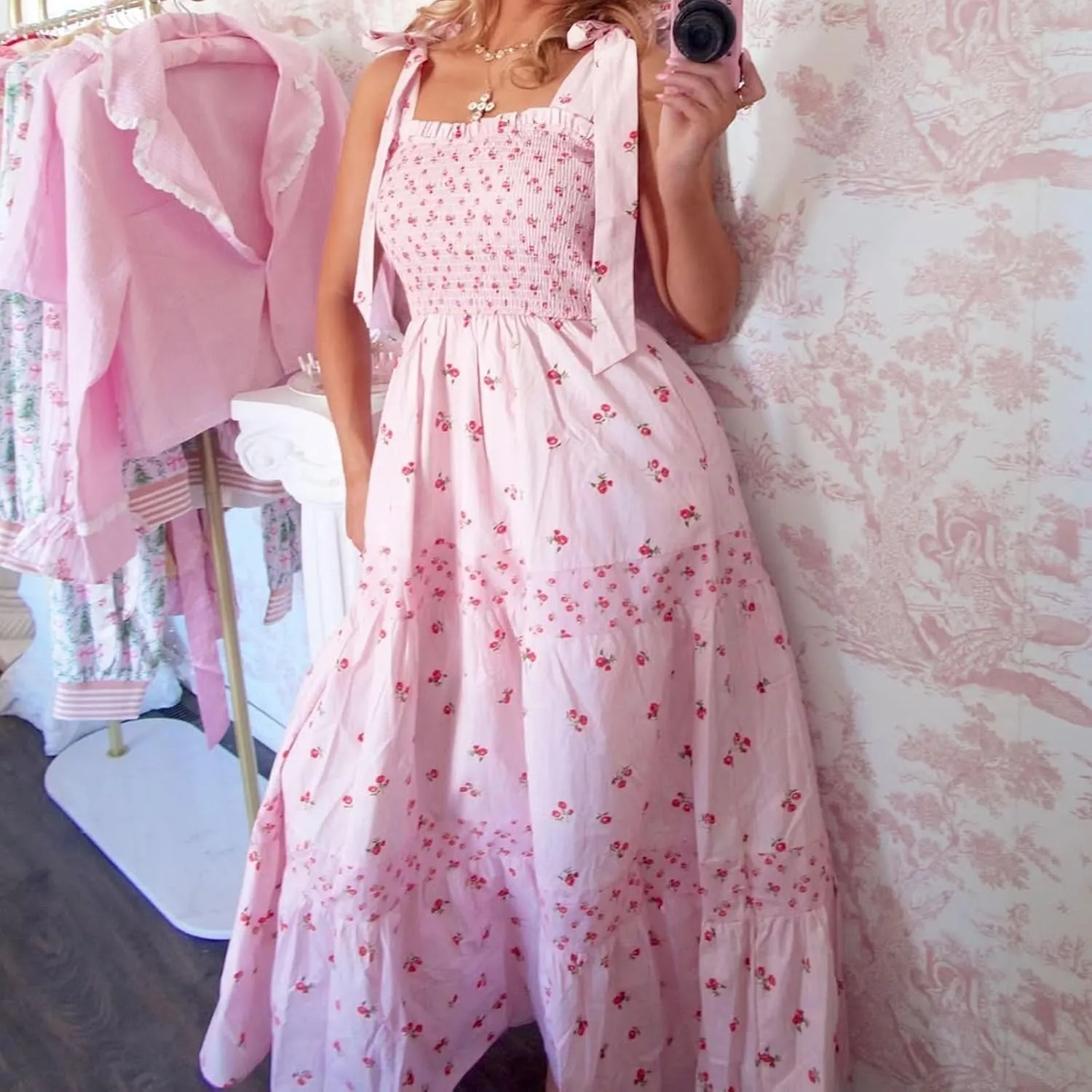 Women Boho Cami Maxi Dress Spaghetti Strap Smocked Long Dress Swing Tiered A-line Dresses Summer Beach Sundress
