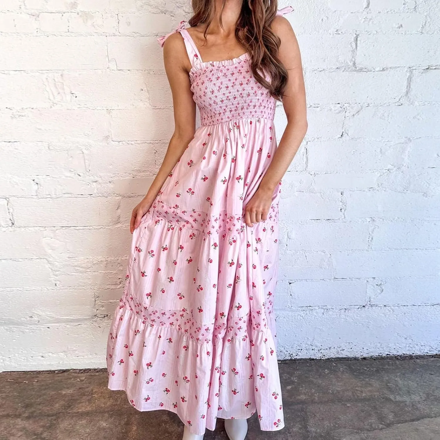 Women Boho Cami Maxi Dress Spaghetti Strap Smocked Long Dress Swing Tiered A-line Dresses Summer Beach Sundress