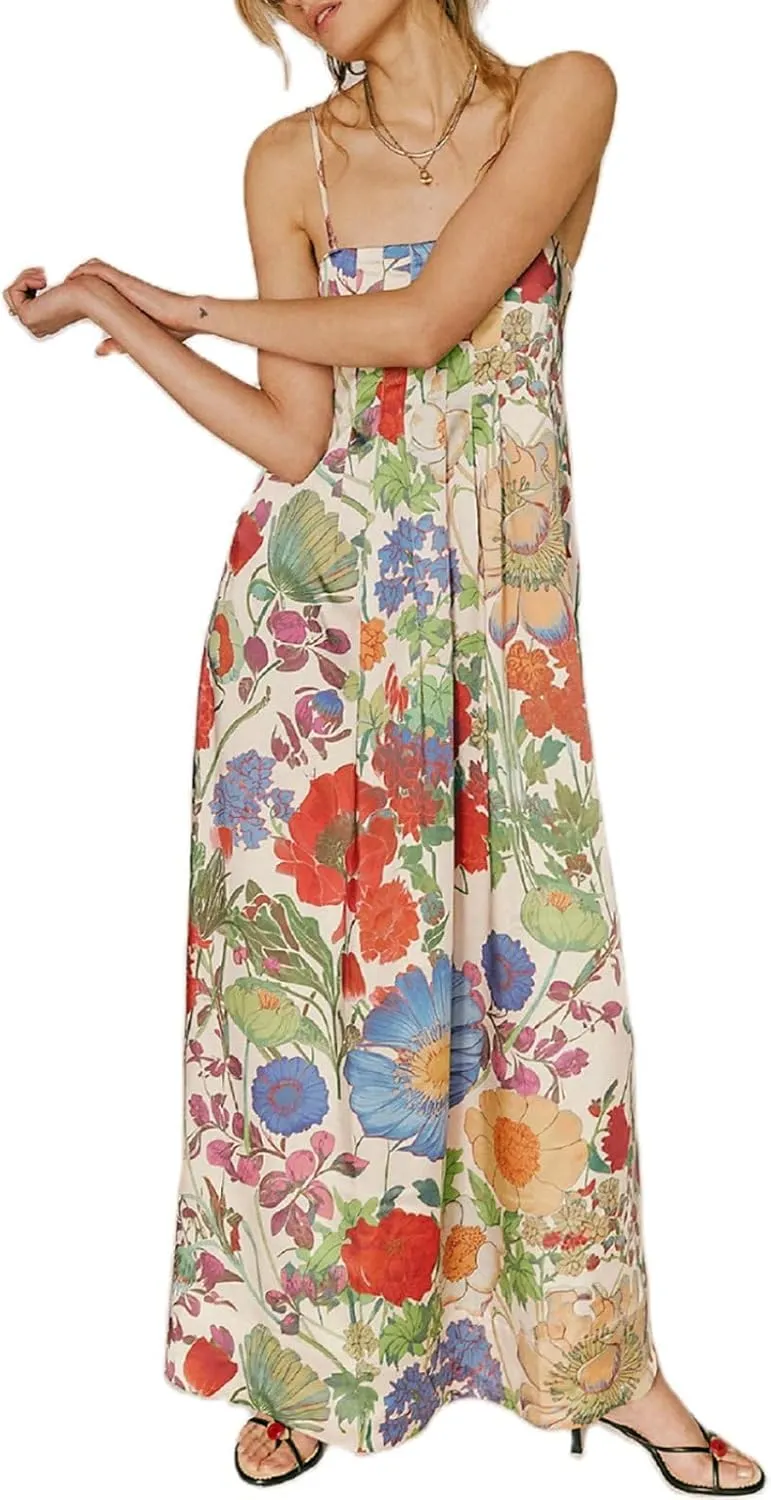 Women Boho Maxi Cami Dress Spaghetti Strap Backless Long Dress Floral Graphic A-line Sundress Summer Beach Dresses