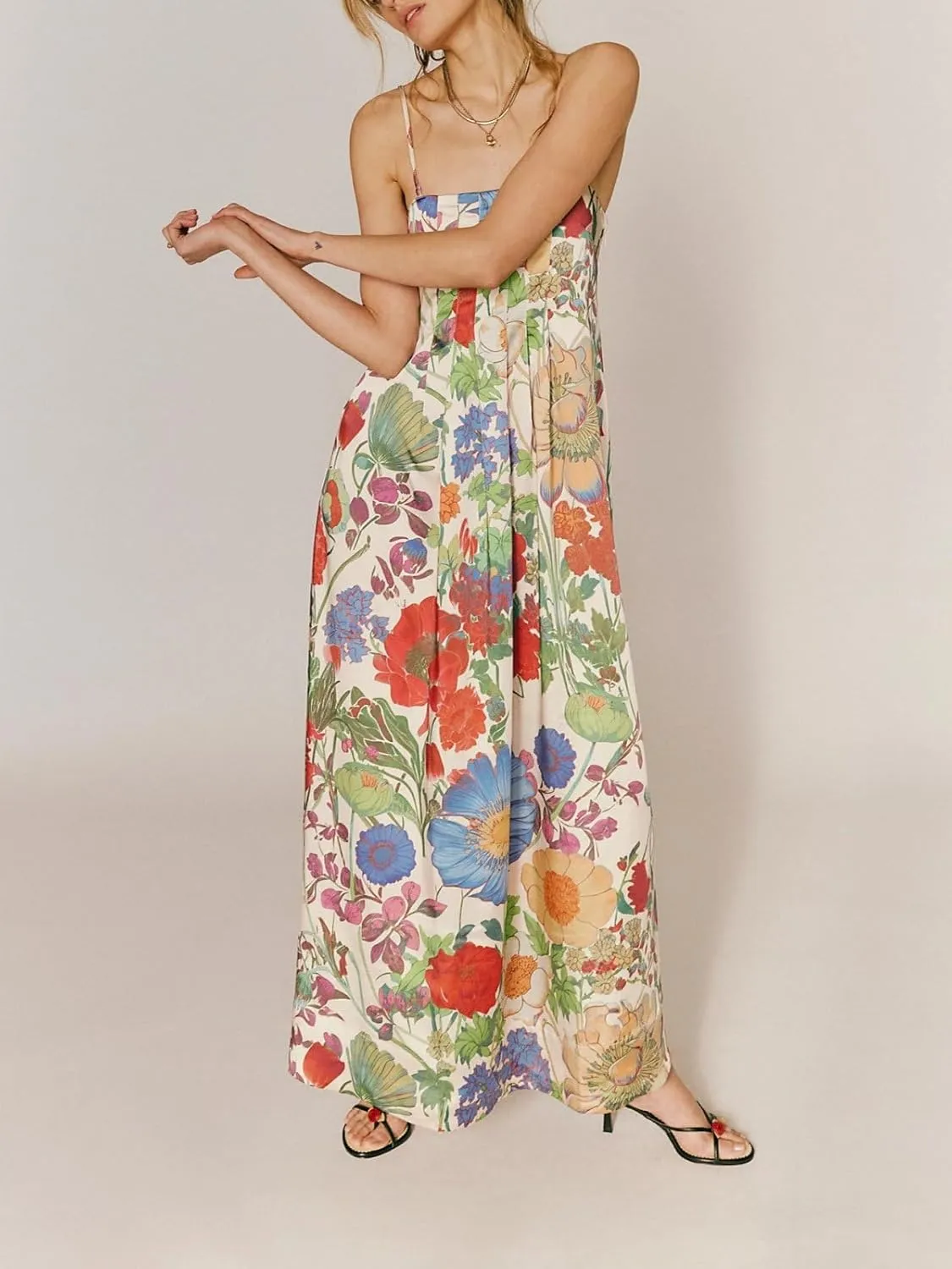 Women Boho Maxi Cami Dress Spaghetti Strap Backless Long Dress Floral Graphic A-line Sundress Summer Beach Dresses