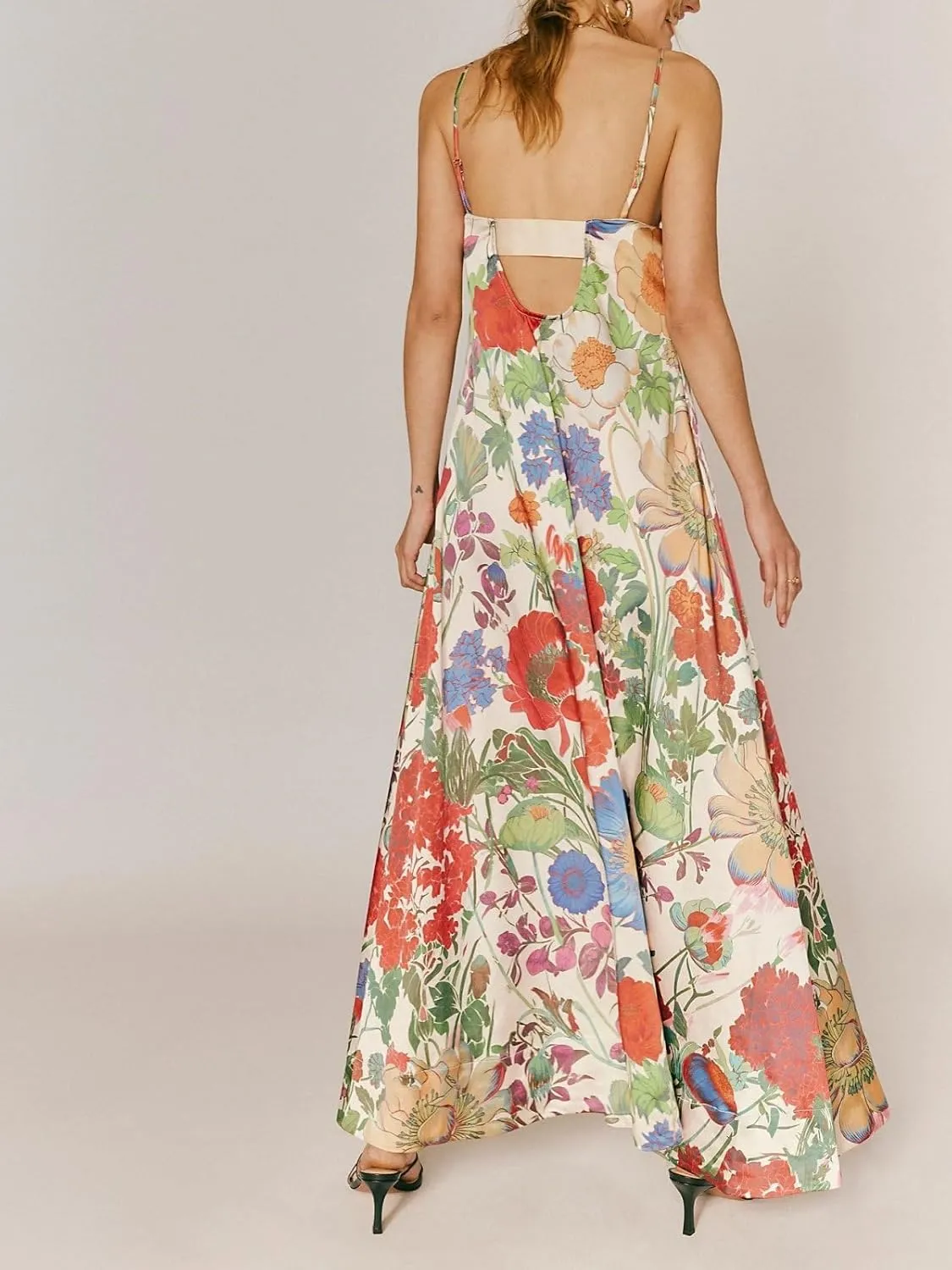 Women Boho Maxi Cami Dress Spaghetti Strap Backless Long Dress Floral Graphic A-line Sundress Summer Beach Dresses