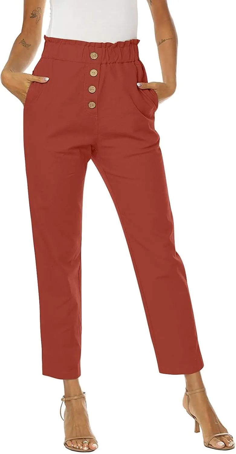 Women Casual High Waisted Button Pencil Pants Elastic Waist Cropped Button Pants Business Work Trousers with Pockets
