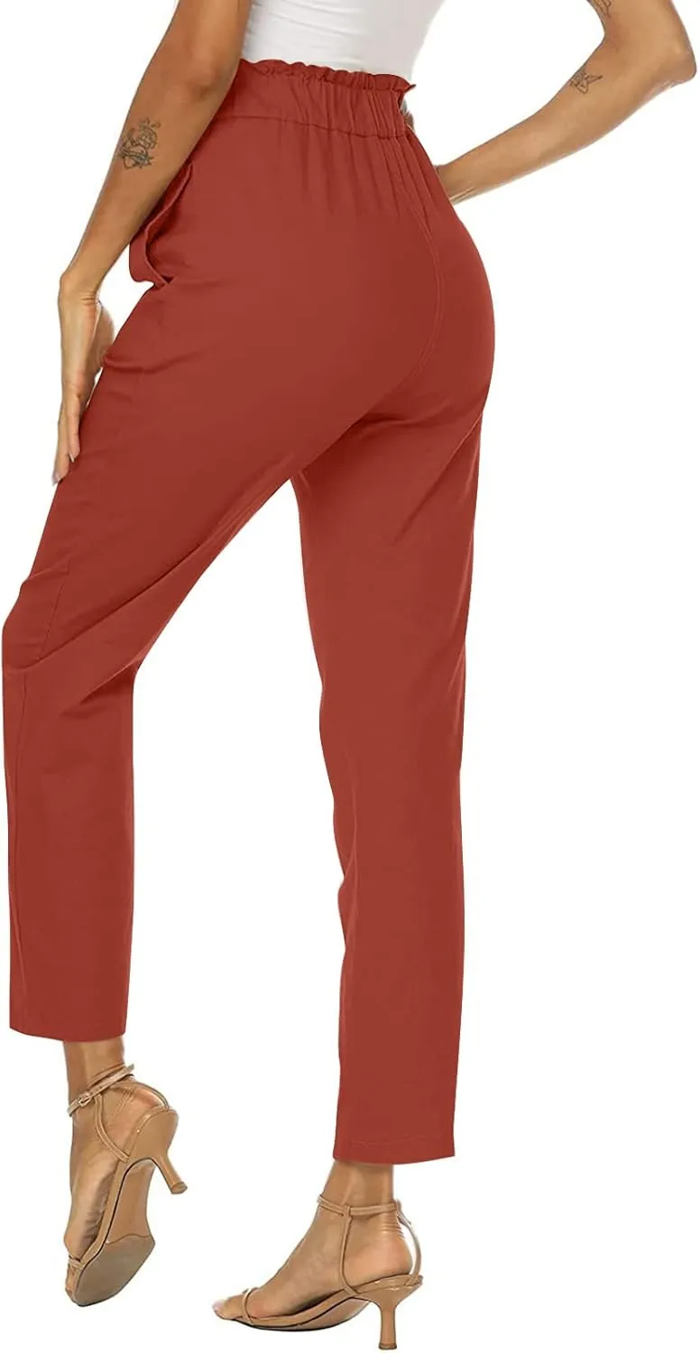 Women Casual High Waisted Button Pencil Pants Elastic Waist Cropped Button Pants Business Work Trousers with Pockets