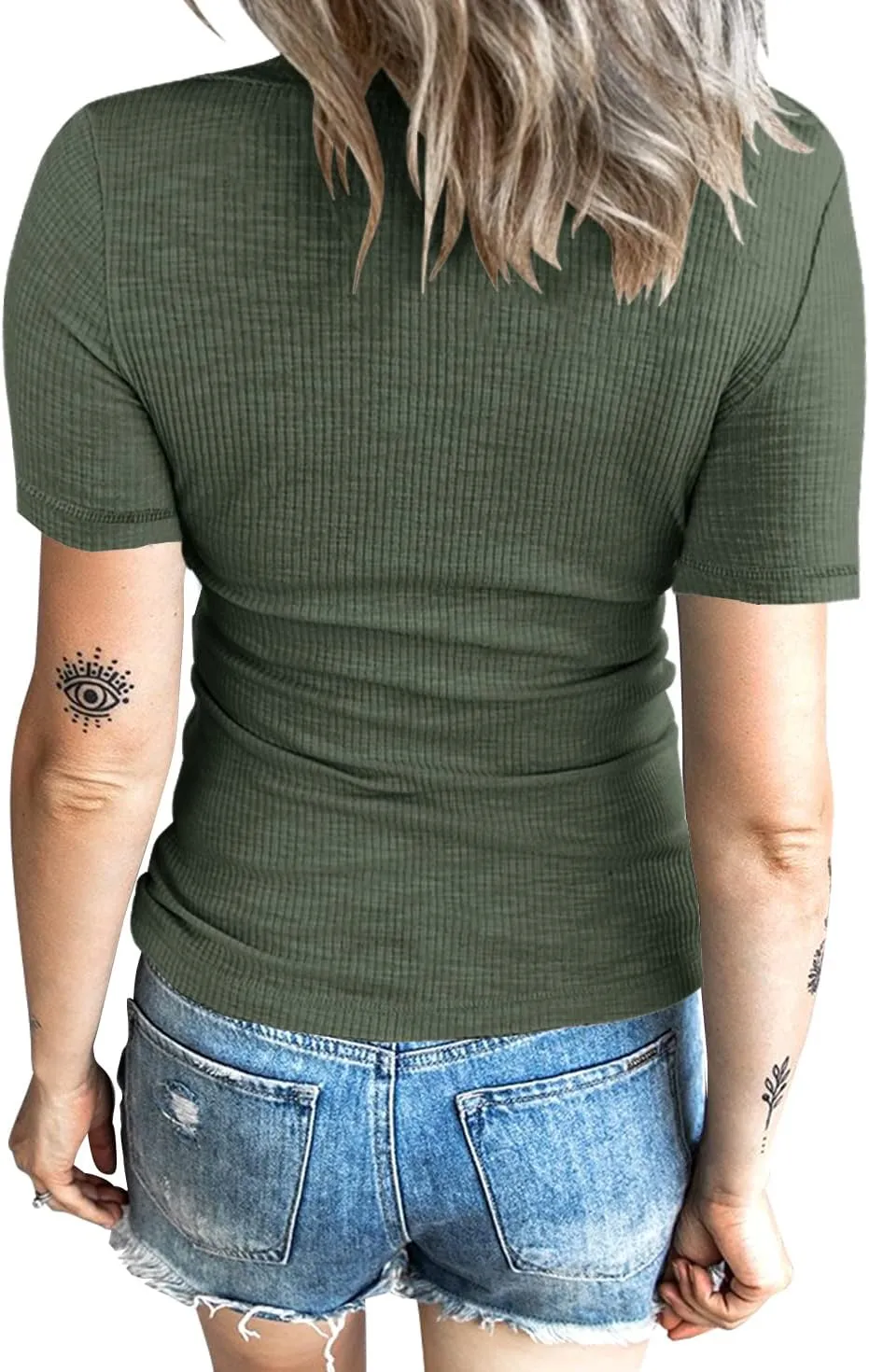 Women Casual Short Sleeve Tunic Tops V-Neck T Shirts Criss Cross Ribbed Slim Fitted Blouse