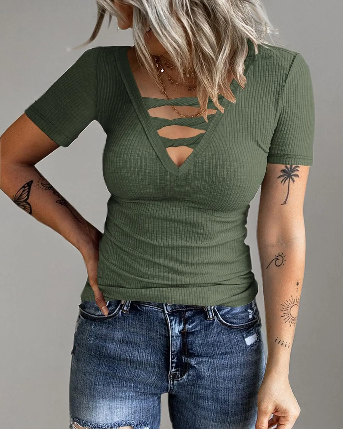 Women Casual Short Sleeve Tunic Tops V-Neck T Shirts Criss Cross Ribbed Slim Fitted Blouse