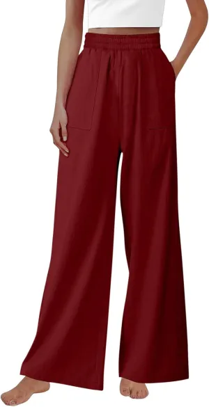 Women Cotton Linen High Elastic Waist Casual Pants, Summer Loose Wide Leg Trousers Comfy Breathable Clothes with Pockets