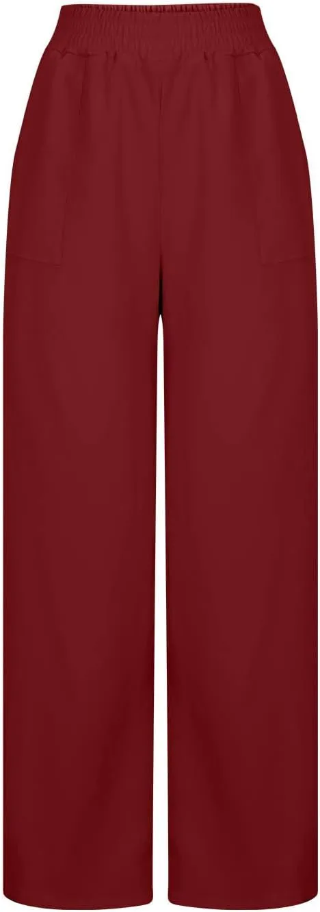 Women Cotton Linen High Elastic Waist Casual Pants, Summer Loose Wide Leg Trousers Comfy Breathable Clothes with Pockets