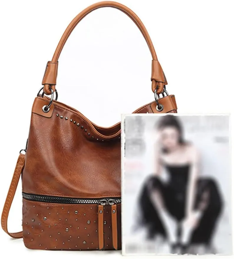 Women Hobo Zipper Shoulder Bag Satchel Faux Leather Tote Retro Rivet Purse Top-handle Handbag