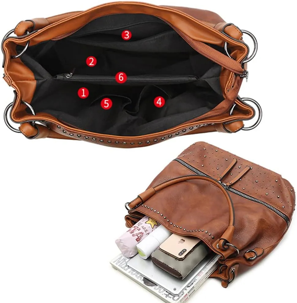 Women Hobo Zipper Shoulder Bag Satchel Faux Leather Tote Retro Rivet Purse Top-handle Handbag
