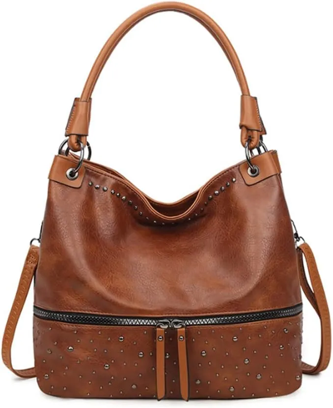 Women Hobo Zipper Shoulder Bag Satchel Faux Leather Tote Retro Rivet Purse Top-handle Handbag