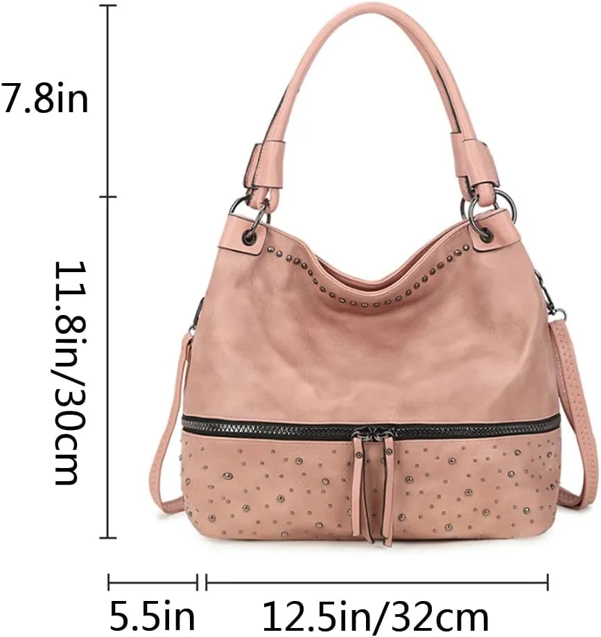 Women Hobo Zipper Shoulder Bag Satchel Faux Leather Tote Retro Rivet Purse Top-handle Handbag