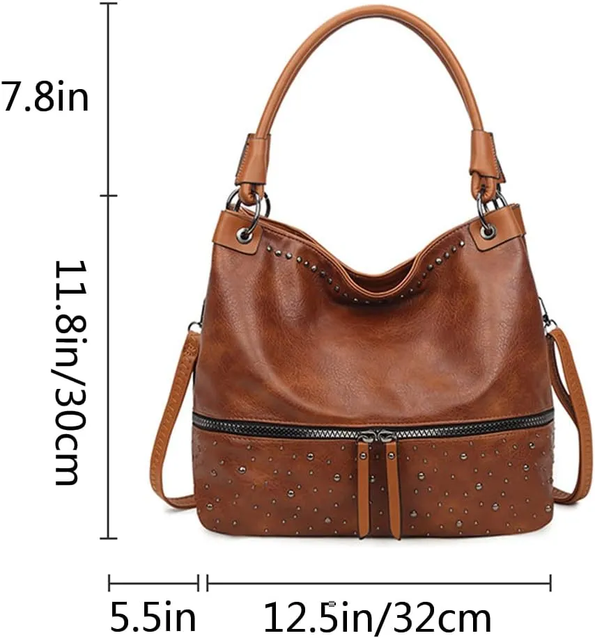 Women Hobo Zipper Shoulder Bag Satchel Faux Leather Tote Retro Rivet Purse Top-handle Handbag