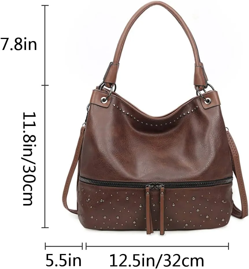 Women Hobo Zipper Shoulder Bag Satchel Faux Leather Tote Retro Rivet Purse Top-handle Handbag