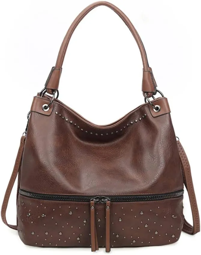 Women Hobo Zipper Shoulder Bag Satchel Faux Leather Tote Retro Rivet Purse Top-handle Handbag