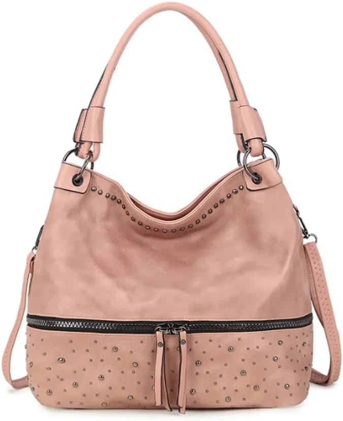 Women Hobo Zipper Shoulder Bag Satchel Faux Leather Tote Retro Rivet Purse Top-handle Handbag