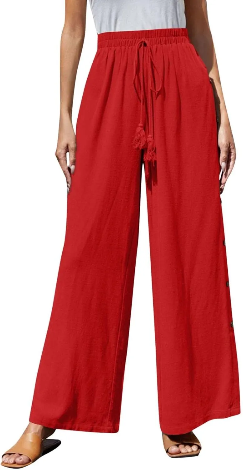 Women Linen Palazzo Pants Summer Boho Wide Leg High Waist Casual Lounge Pant 2025 Beach Travel Vacation Outfits