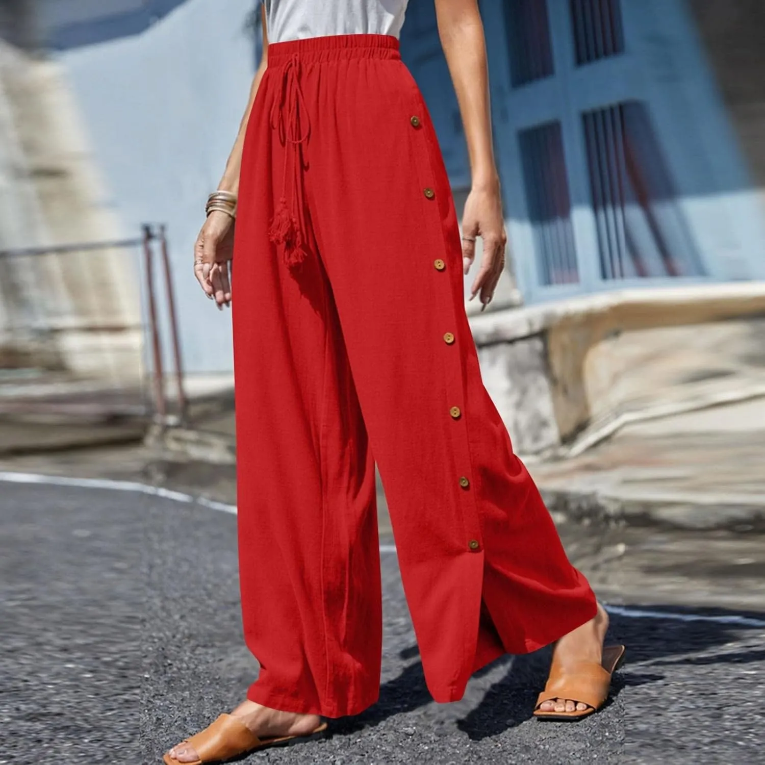 Women Linen Palazzo Pants Summer Boho Wide Leg High Waist Casual Lounge Pant 2025 Beach Travel Vacation Outfits