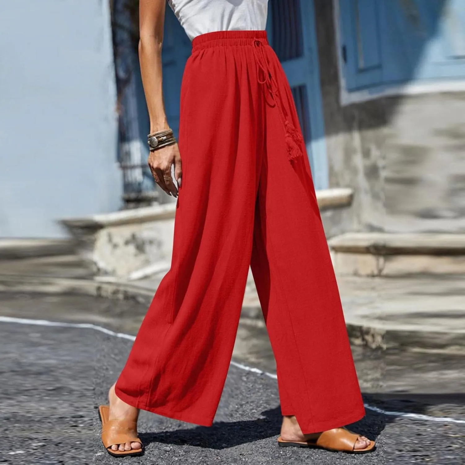 Women Linen Palazzo Pants Summer Boho Wide Leg High Waist Casual Lounge Pant 2025 Beach Travel Vacation Outfits
