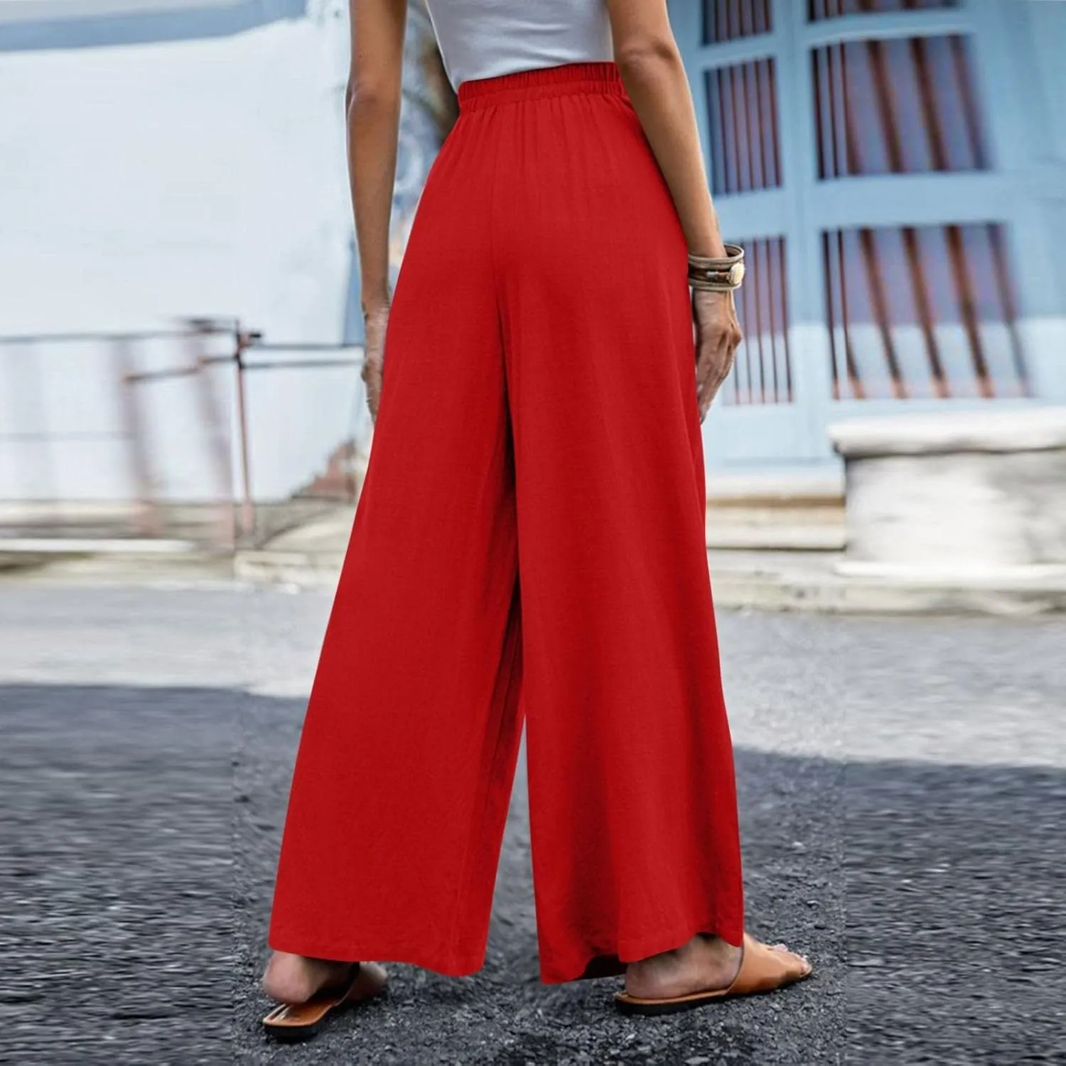 Women Linen Palazzo Pants Summer Boho Wide Leg High Waist Casual Lounge Pant 2025 Beach Travel Vacation Outfits